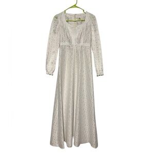 Vtg White Eyelet Lace Maxi Dress Gown XS Cottage Regency Bridgeton 70s Wedding